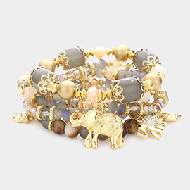 5PCS - Metal Elephant Charm Multi Beaded Stretch Bracelets