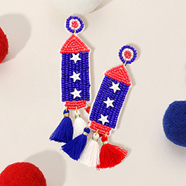Fabric Back American USA Flag Seed Beaded Rocket Triple Tassel Link Dangle Earrings