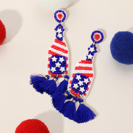 Fabric Back American USA Flag Seed Beaded Champagne Triple Tassel Link Dangle Earrings