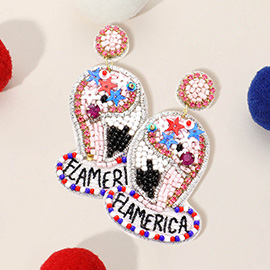 Flamerica Message Felt Back American USA Flag Multi Beaded Flamingo Dangle Earrings