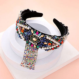 Dropped Rhinestone Floral Pearl Multi Stone Embellished Headband