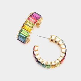 Rainbow Baguette Stone Cluster Hoop Evening Earrings