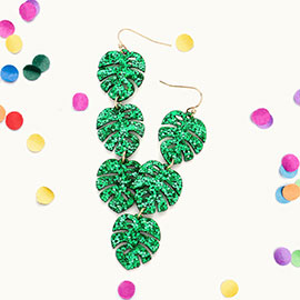 Glittered Triple Tropical Leaf Link Dangle Earrings