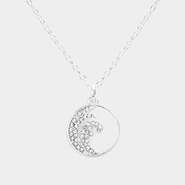 Rhinestone Embellished Wave Metal Round Pendant Necklace