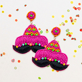 Felt Back Seed Beaded Hat Mustache Dangle Earrings