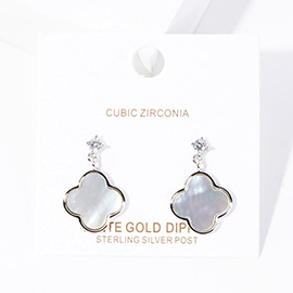 White Gold Dipped CZ Mother of Pearl Quatrefoil Link Dangle Earrings