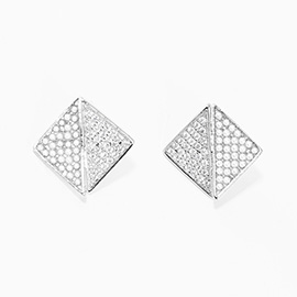 White Gold Dipped CZ Pearl Embellished Geometric Stud Earrings