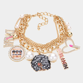 Pearl Stiletto Heel Pointed Diva Melanin Message Afro Girl Heart Lipstick Charm Multi Layered Bracelet