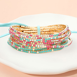 12PCS - Ribbon Colorful Rhinestone Layered Stretch Bracelets