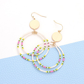 Metal Disc Seed Beaded Double Open Circle Link Dangle Earrings