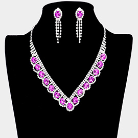 Oval Stone Accented V Shaped Rhinestone Necklace Clip on Earring Set