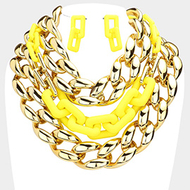 Chain Colored Open Rectangle Link Triple Layered Necklace