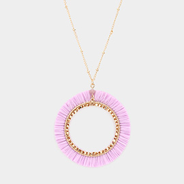 Raffia Trimmed Open Circle Pendant Long Necklace