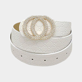 Rhinestone Embellished Double Open Circle Link Buckle Accented Faux Leather Belt