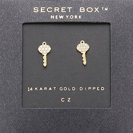 SECRET BOX_14K Gold Dipped CZ Key Stud Earrings