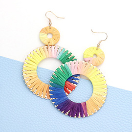 Raffia Wrapped Double Open Circle Link Dangle Earrings