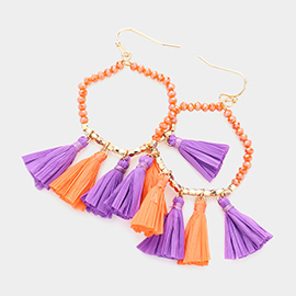 Game Day Beaded Open Hexagon Raffia Tassel Link Dangle Earrings