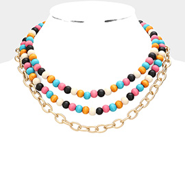 Colored Wood Open Metal Oval Link Triple Layered Necklace