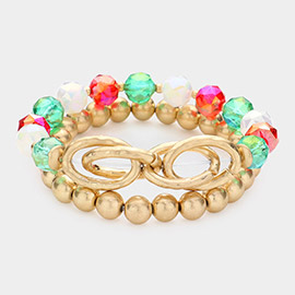 2PCS - Open Metal Oval Link Metal Ball Faceted Beaded Stretch Bracelets