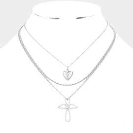 3PCS - Metal Heart Angel Wing Cross Pendant Necklaces