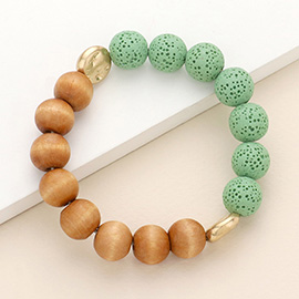 Wood Ball Lava Rock Basalt Beaded Stretch Bracelet