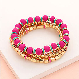 4PCS - Wood Ball Metal Beaded Stretch Bracelets