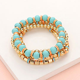 4PCS - Wood Ball Metal Beaded Stretch Bracelets