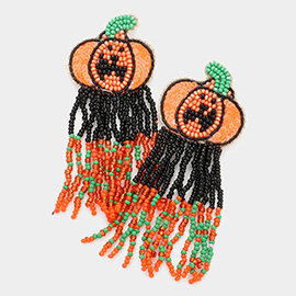 Felt Back Sequin Pumpkin Seed Beaded Fringe Dangle Earrings