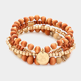 4PCS - Metal Disc Charm Semi Precious Stone Wood Ball Stretch Bracelets