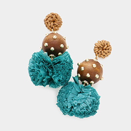 Wood Raffia Ball Dangle Earrings