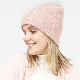 Pearl Embellished Knit Beanie Hat