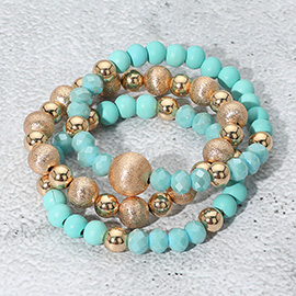 3PCS - Frosted Metal Ball Wood Faceted Beaded Stretch Bracelets