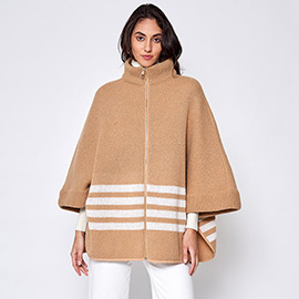 Sporty Bordered Zip Up Knit Cape Poncho