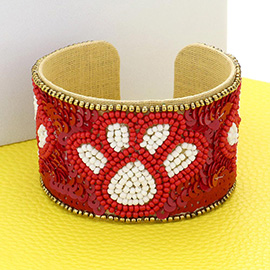 Game Day Sequin Seed Beaded Paw Accented Cuff Bracelet