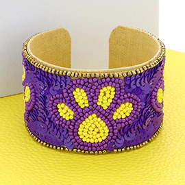 Game Day Sequin Seed Beaded Paw Accented Cuff Bracelet