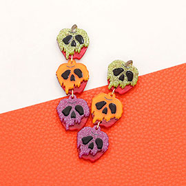 Glittered Triple Apple Skull Link Dangle Earrings