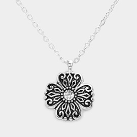 Embossed Antique Metal Quatrefoil Reversible Pendant Necklace