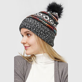 Ethnic Patterned Knit Pom Pom Beanie Hat