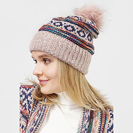 Ethnic Patterned Knit Pom Pom Beanie Hat