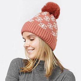 Snowflake Patterned Faux Fur Lining Knit Pom Pom Beanie Hat