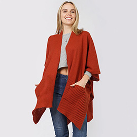 Solid Knit Front Pockets Vest Poncho