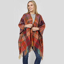 Zigzag Chevron Patterned Tassel Poncho