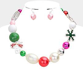 Christmas Bow Snowflake Candy Cane Pearl Beaded Necklace