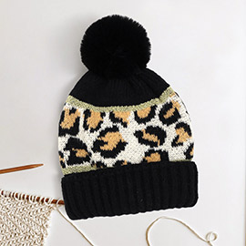 Leopard Patterned Pom Pom Beanie Hat