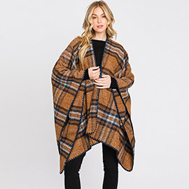 Plaid Check Patterned Ruana Poncho