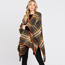 Plaid Check Patterned Ruana Poncho