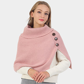 Button Pointed Slit Turtleneck Knit Shawl Scarf