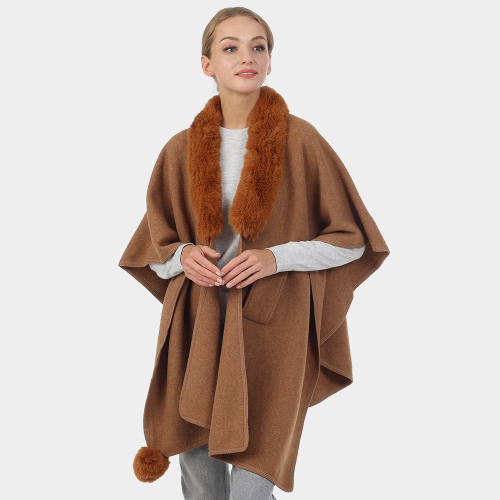 Faux Fur Collar Pom Pom Poncho