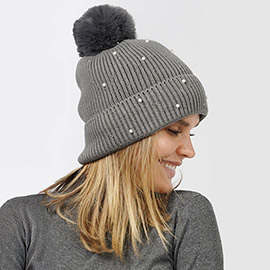 Pearl Embellished Lining Knit Pom Pom Beanie Hat