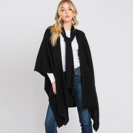 Attached Scarf Solid Cape Poncho with Neckline Tie